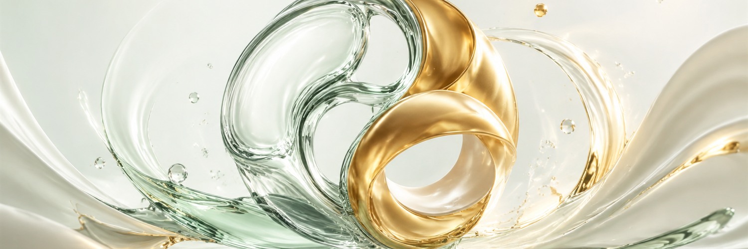 Sage glass and champagne gold forms flowing into a balanced circle