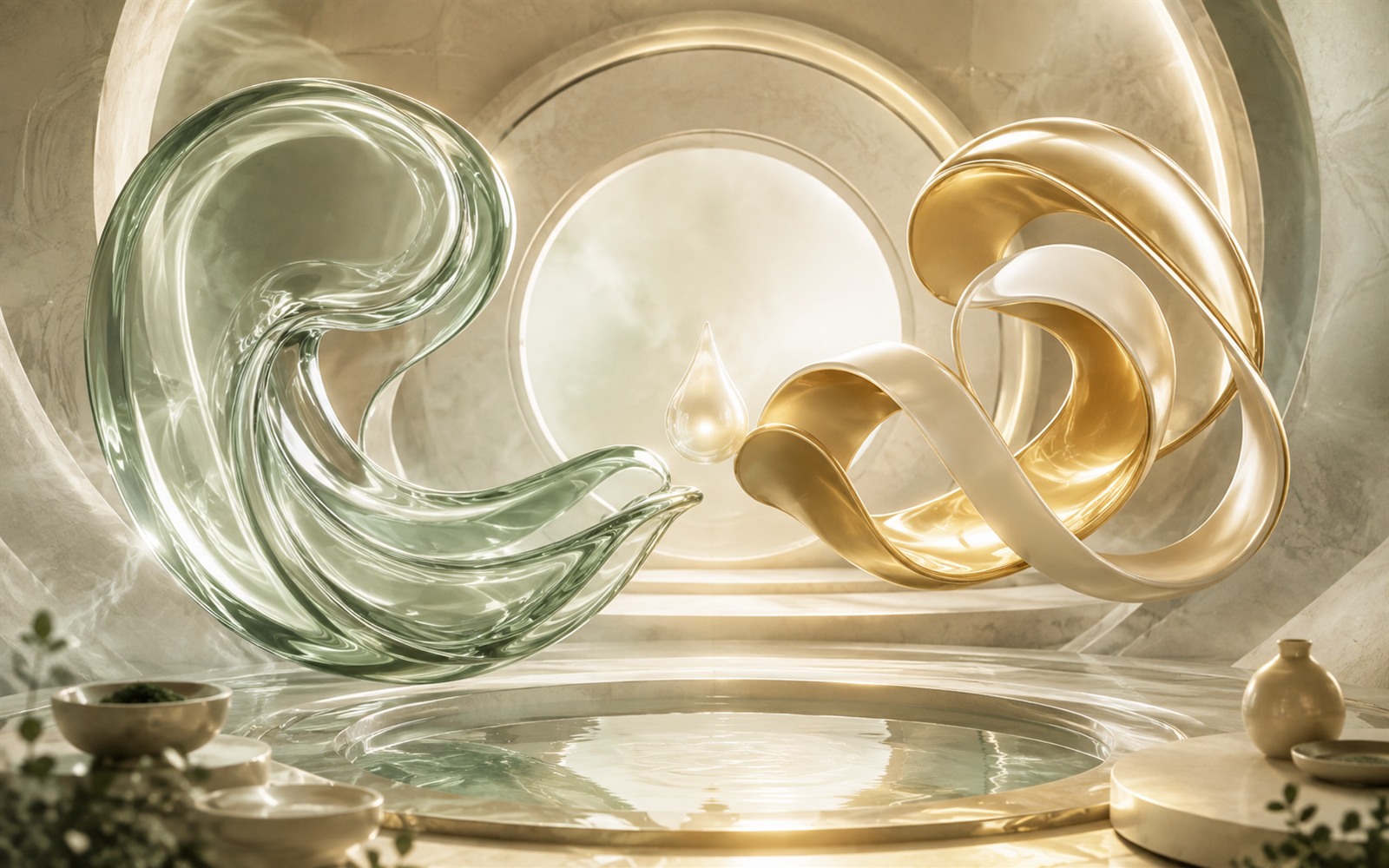 A sage-glass force and a golden ribbon force sharing one glowing drop